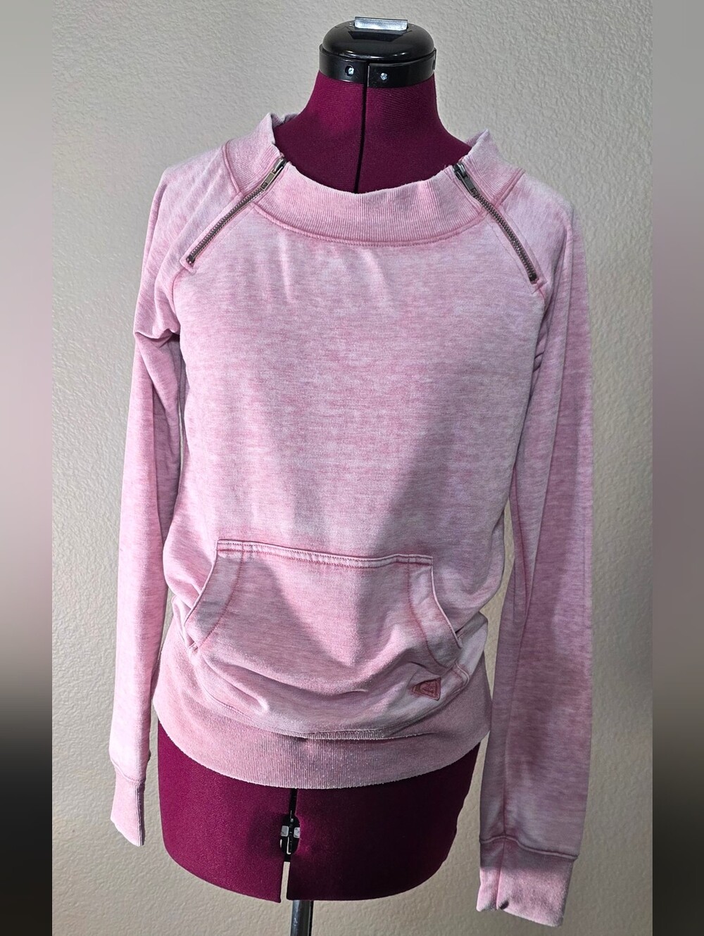 Roxy Heathered Light Pink Pullover Hoodie with Shoulder Zips